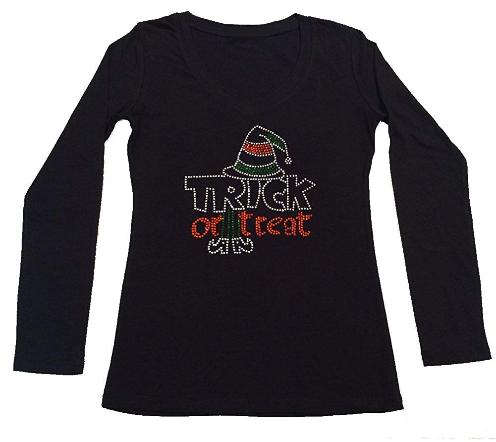 Womens T-shirt with Trick or Treat with Witch Hat in Rhinestones