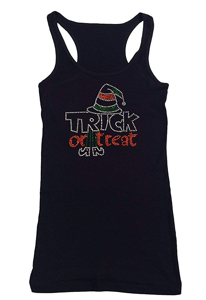 Womens T-shirt with Trick or Treat with Witch Hat in Rhinestones
