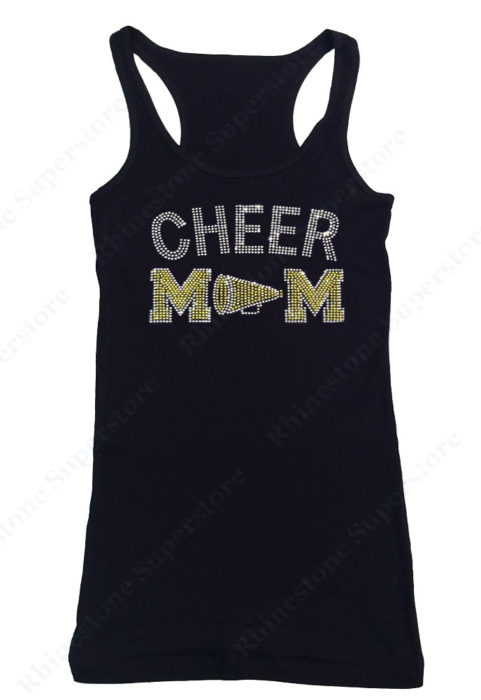 Womens T-shirt with Yellow Cheer Mom with Megaphone in Rhinestones