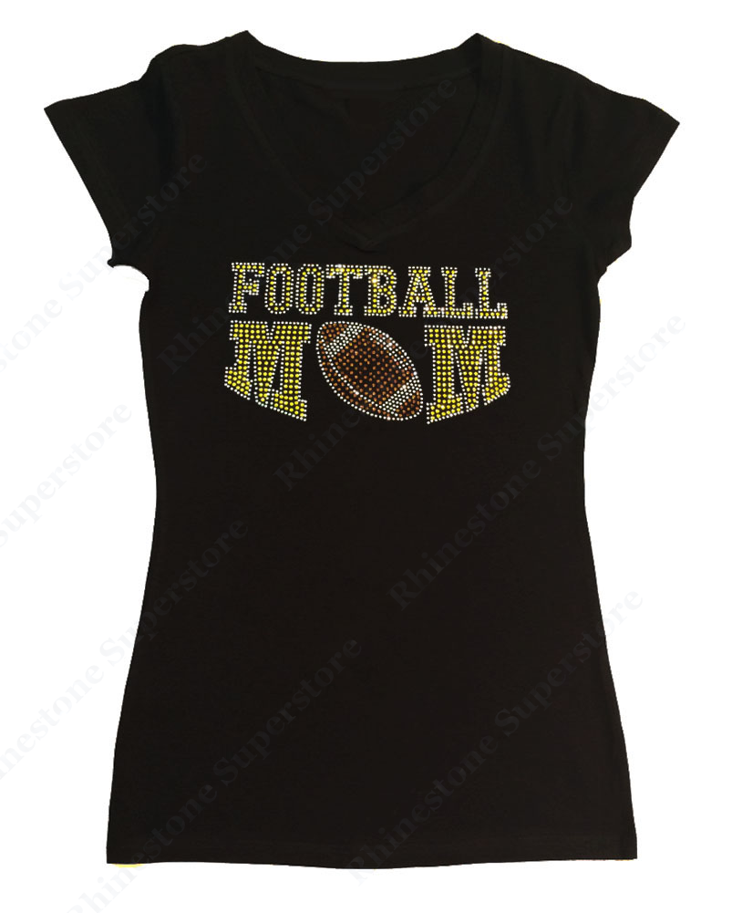 Womens T-shirt with Yellow Football Mom in Rhinestones