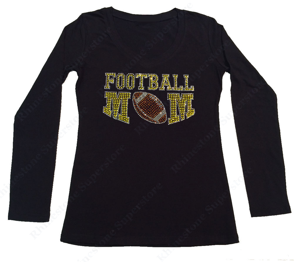 Womens T-shirt with Yellow Football Mom in Rhinestones
