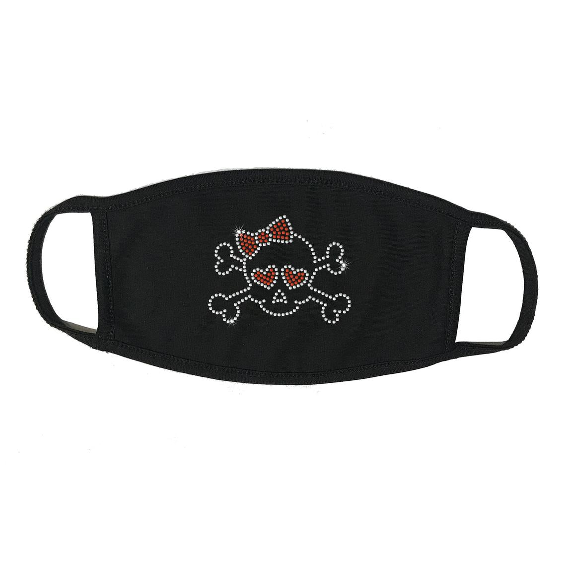 Rhinestone Embellished Face Mask, Skull with Bow , 100% Cotton 2 PLY, Washable, Made in the USA