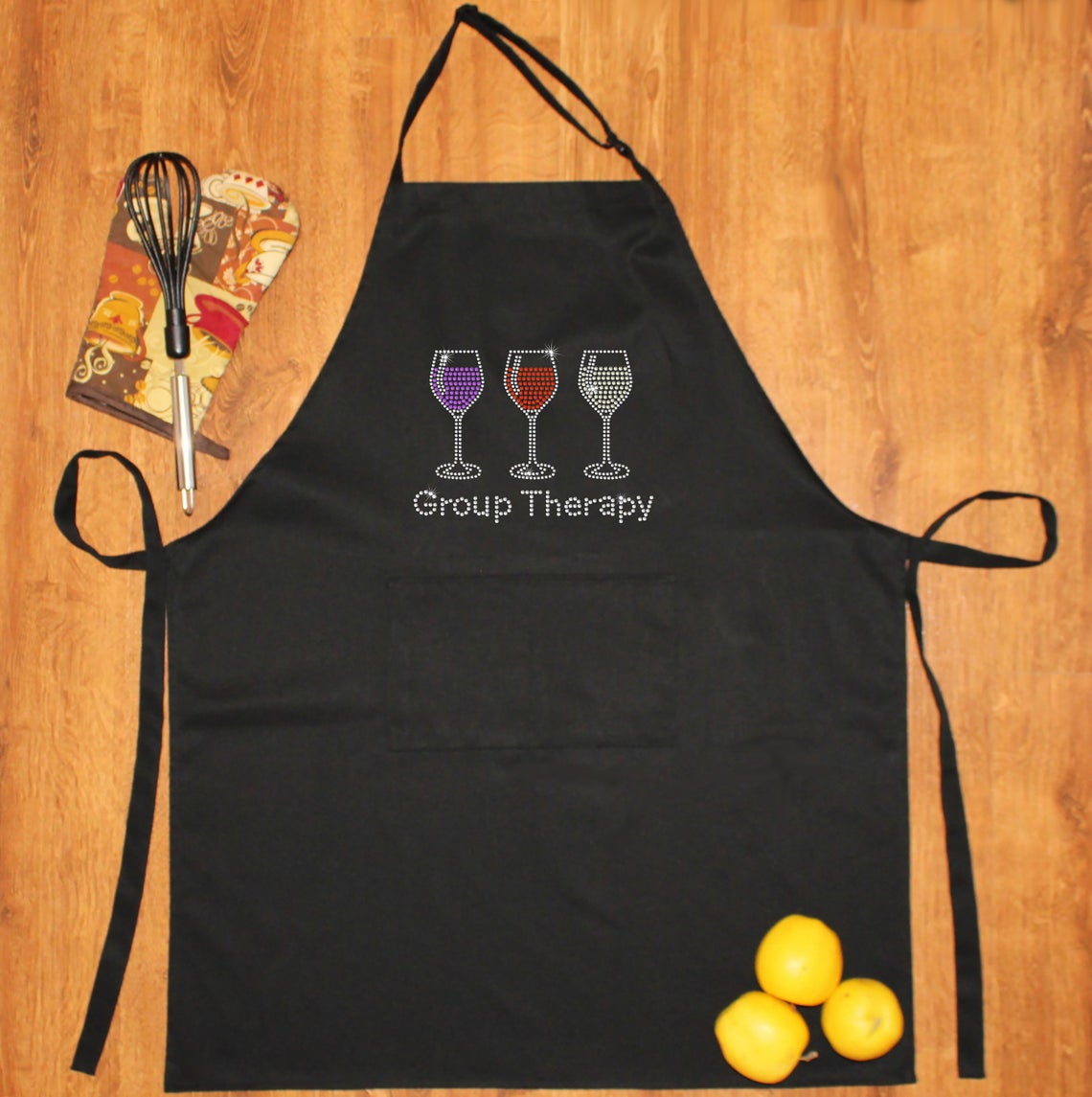 Rhinestone Embellished Black Apron with Group Therapy and 3 Drink Glasses