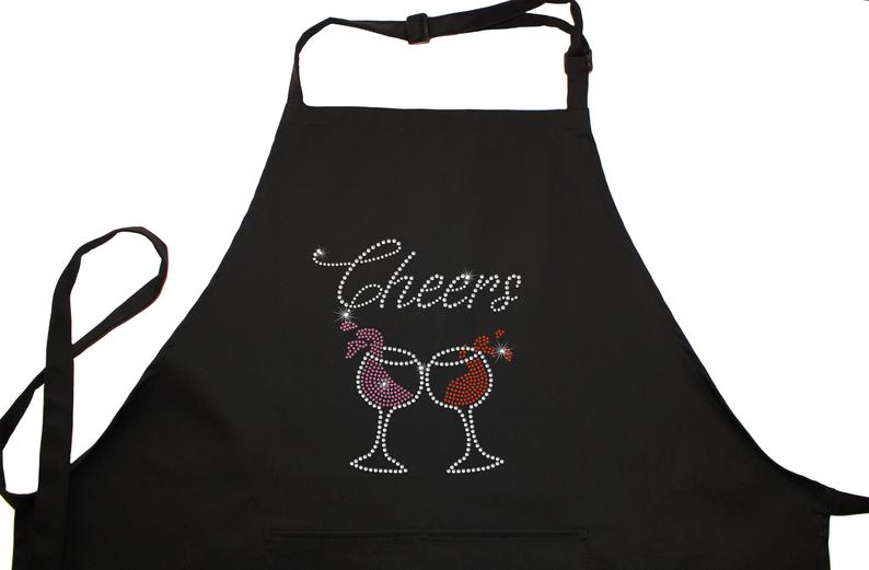 Rhinestone Embellished Black Apron with Cheers and Wine Glasses