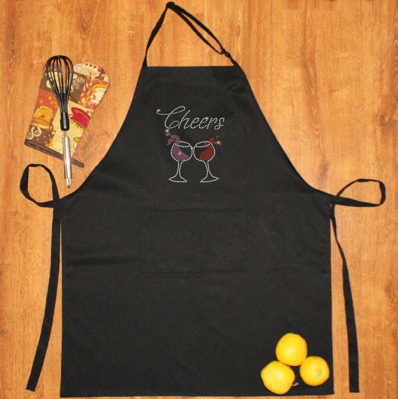Rhinestone Embellished Black Apron with Cheers and Wine Glasses