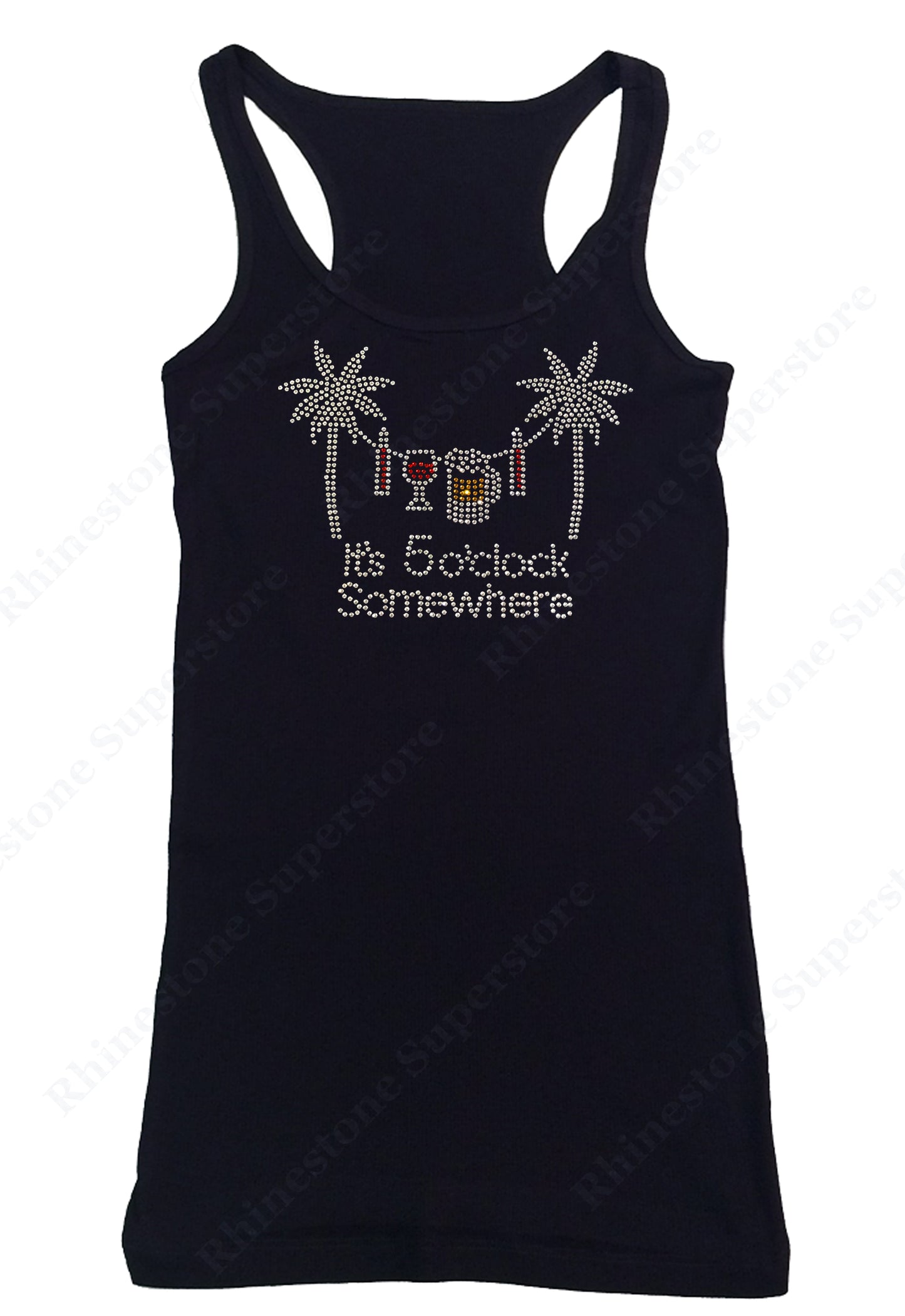 Womens T-shirt with it's 5 O'Clock Somewhere with Palms in Rhinestones