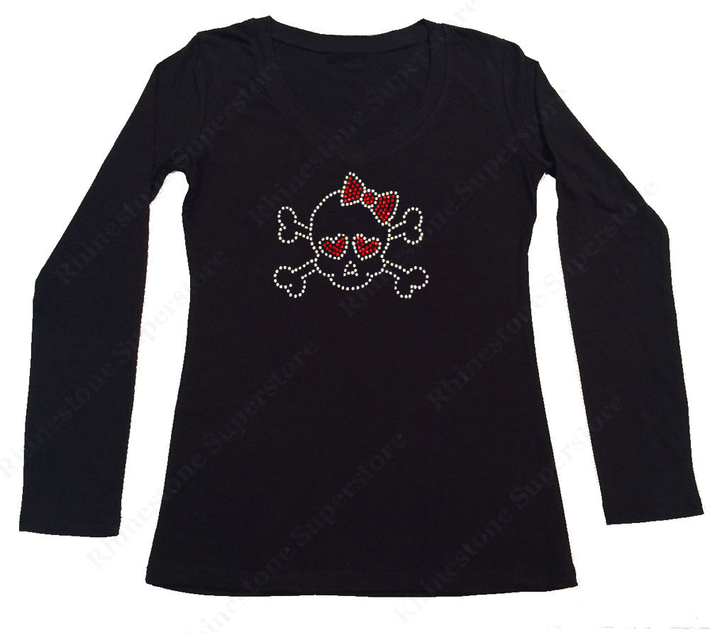 Womens T-shirt with Skull with Red Bow and Eyes in Rhinestones
