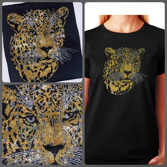 Custom Rhinestone Shirts | Gold Leopard Face - RhinestoneSuperstore