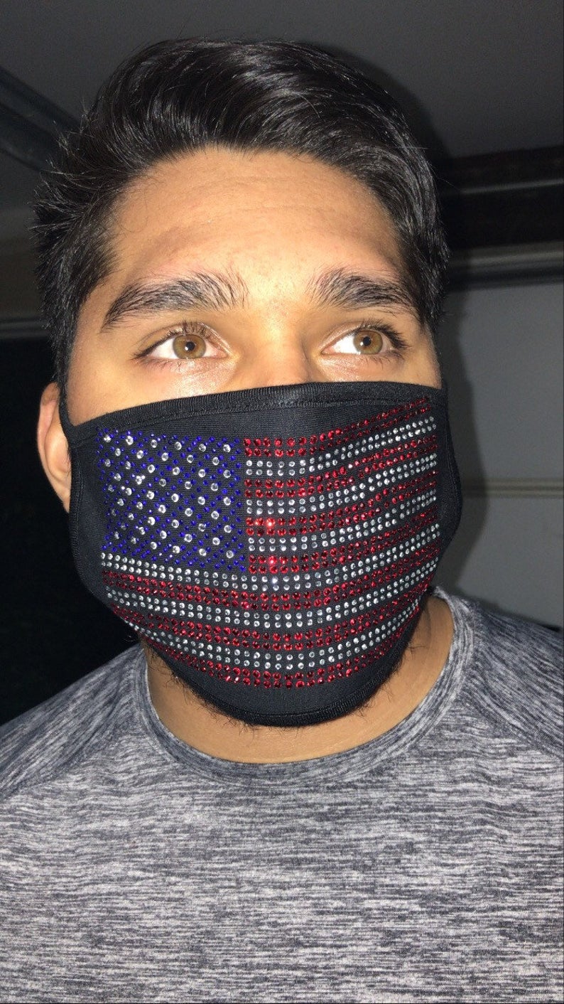 Rhinestone Embellished Face Mask with American Flag