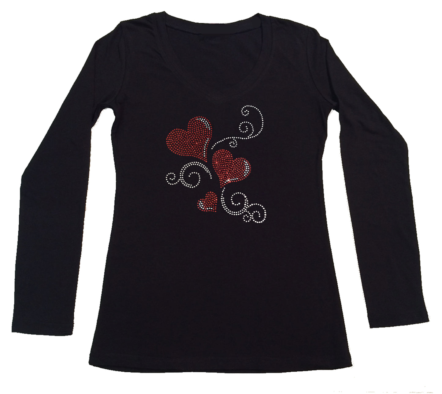 Womens T-shirt with 3 Red Hearts and Swirls in Rhinestones