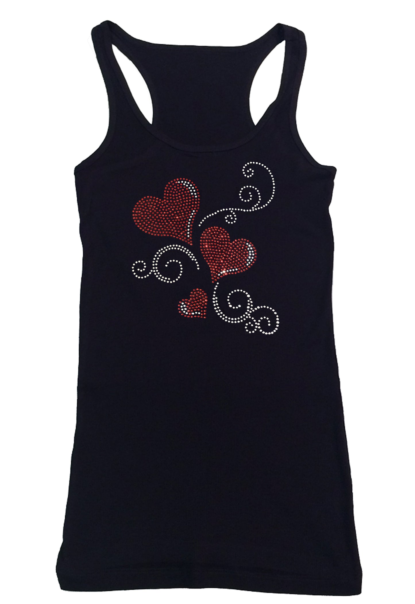 Womens T-shirt with 3 Red Hearts and Swirls in Rhinestones