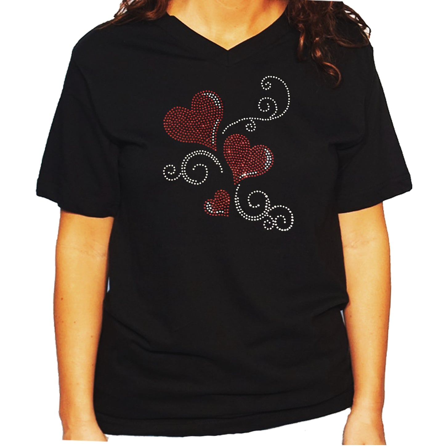 Women's / Unisex T-Shirt with 3 Red Hearts and Swirls in Rhinestones