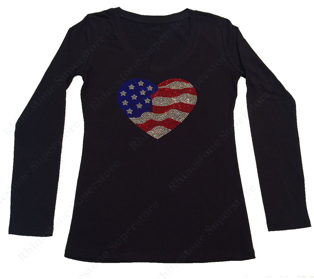 Womens T-shirt with 4th of July American Flag Heart in Rhinestones
