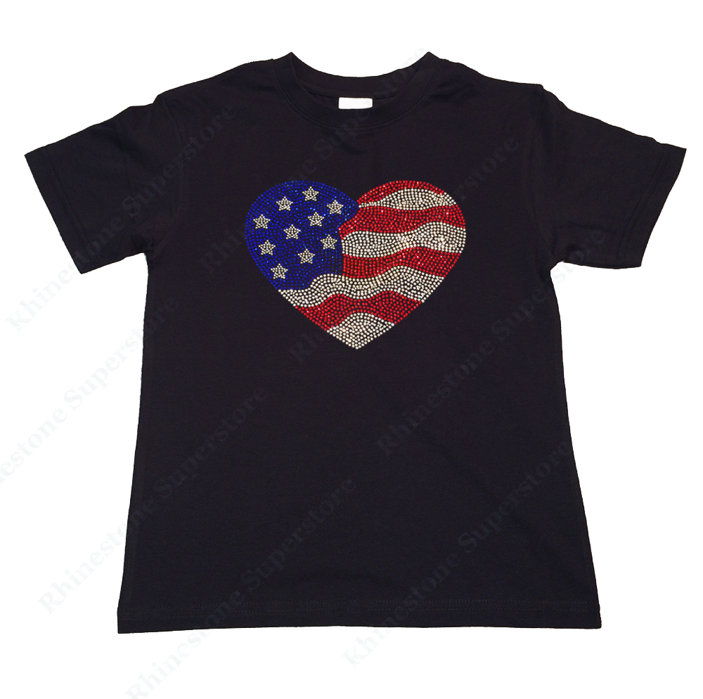 Girls Rhinestone T-Shirt " 4th of July American Flag Heart " Size 3 to 14 Available