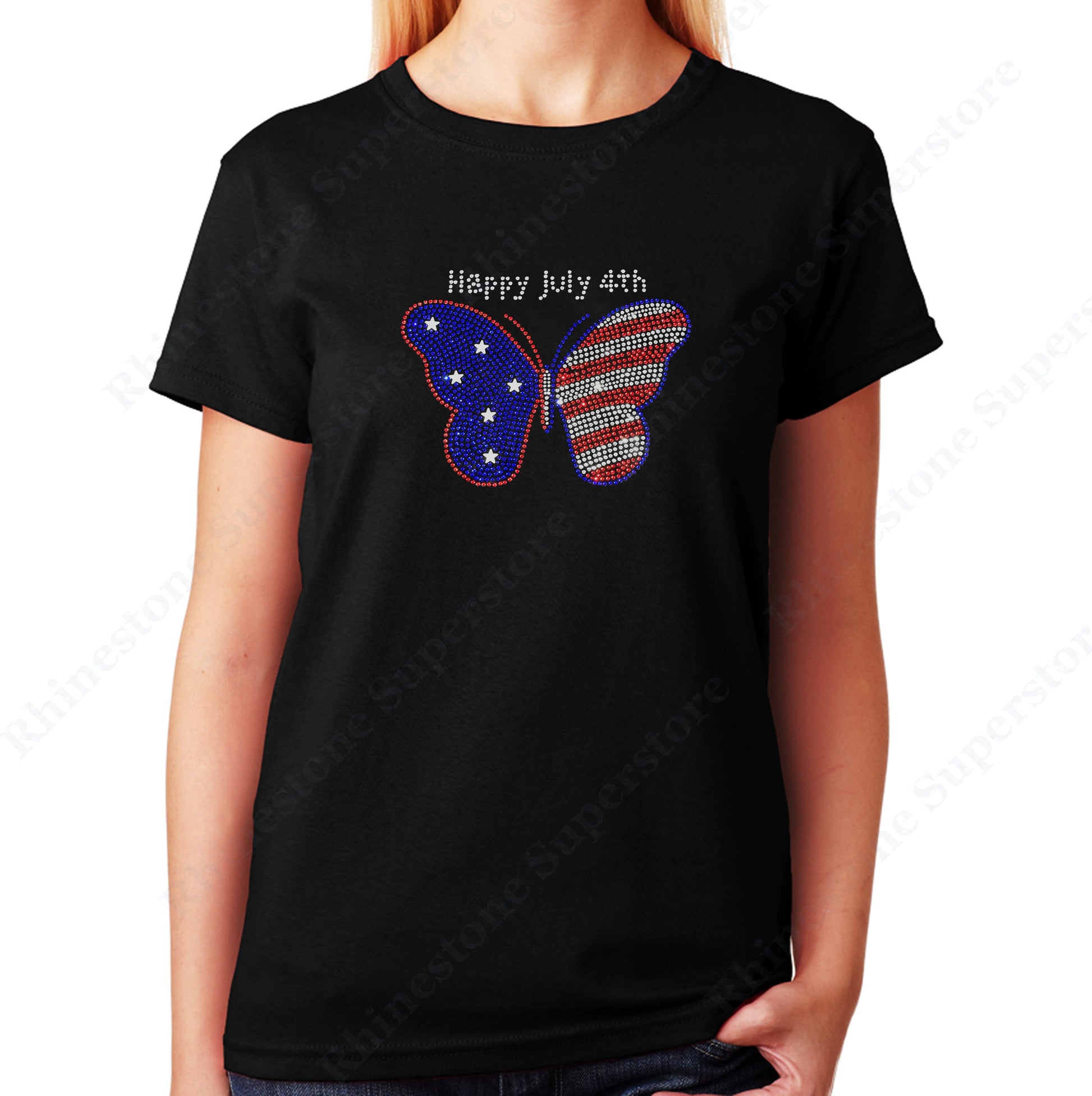 Women's / Unisex T-Shirt with 4th of July Butterfly in Rhinestones