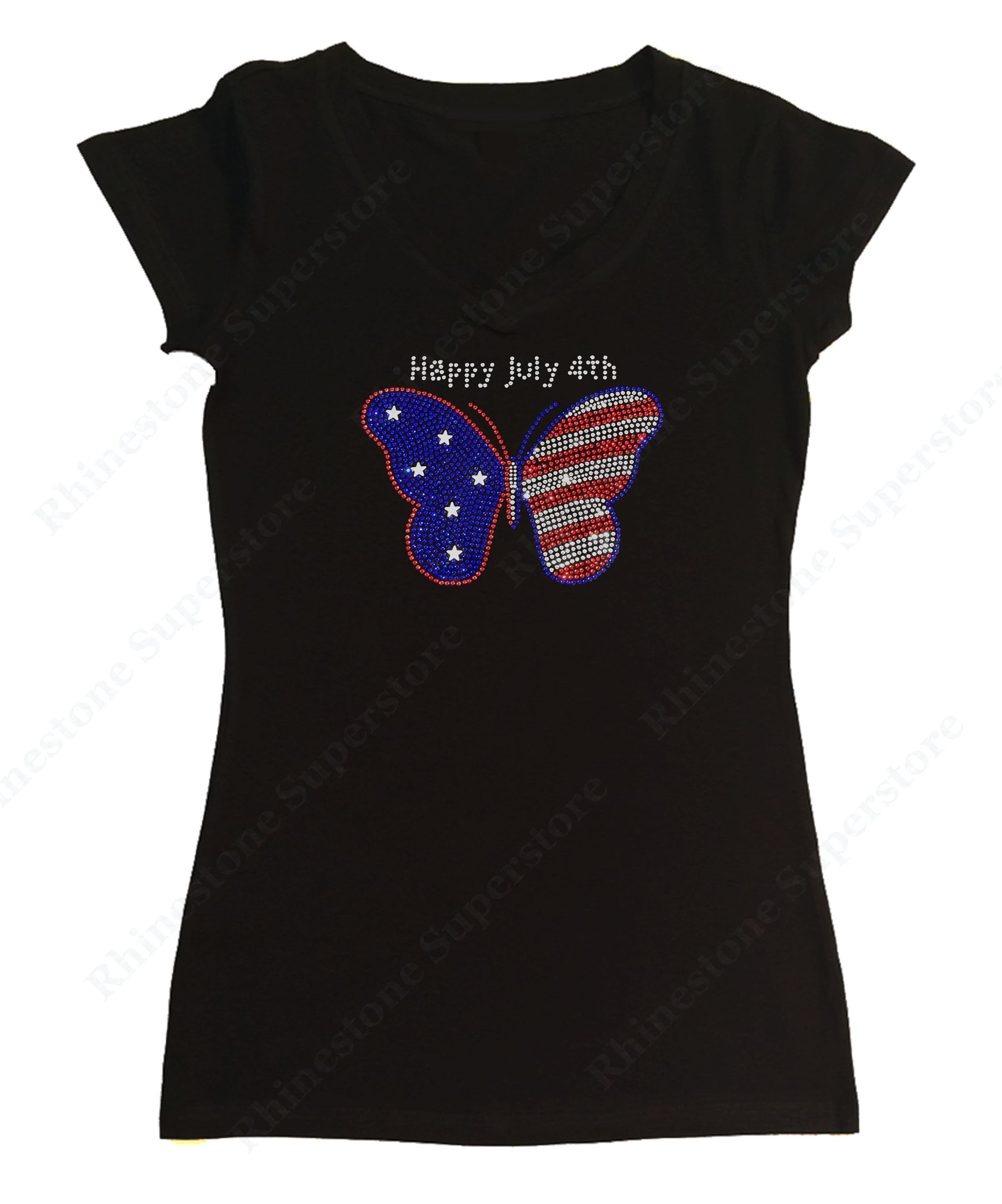 Womens T-shirt with 4th of July Butterfly in Rhinestones