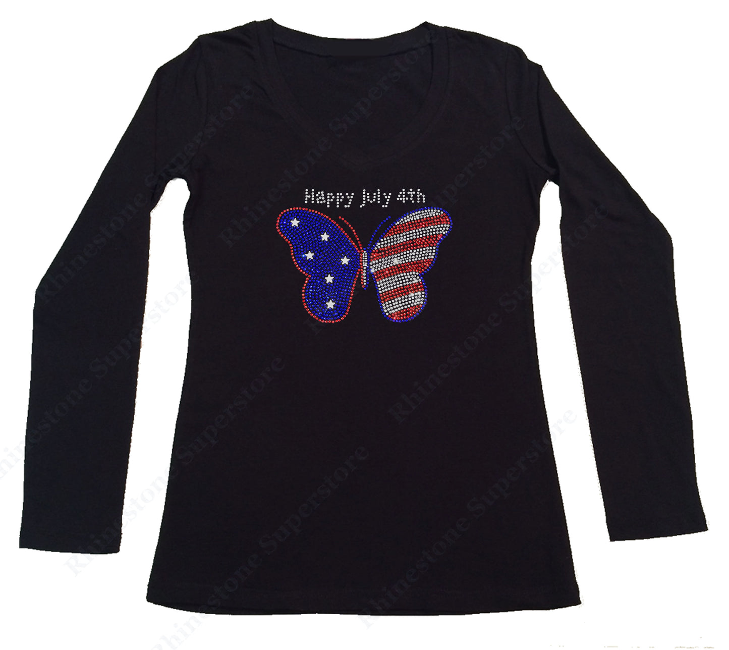 Womens T-shirt with 4th of July Butterfly in Rhinestones