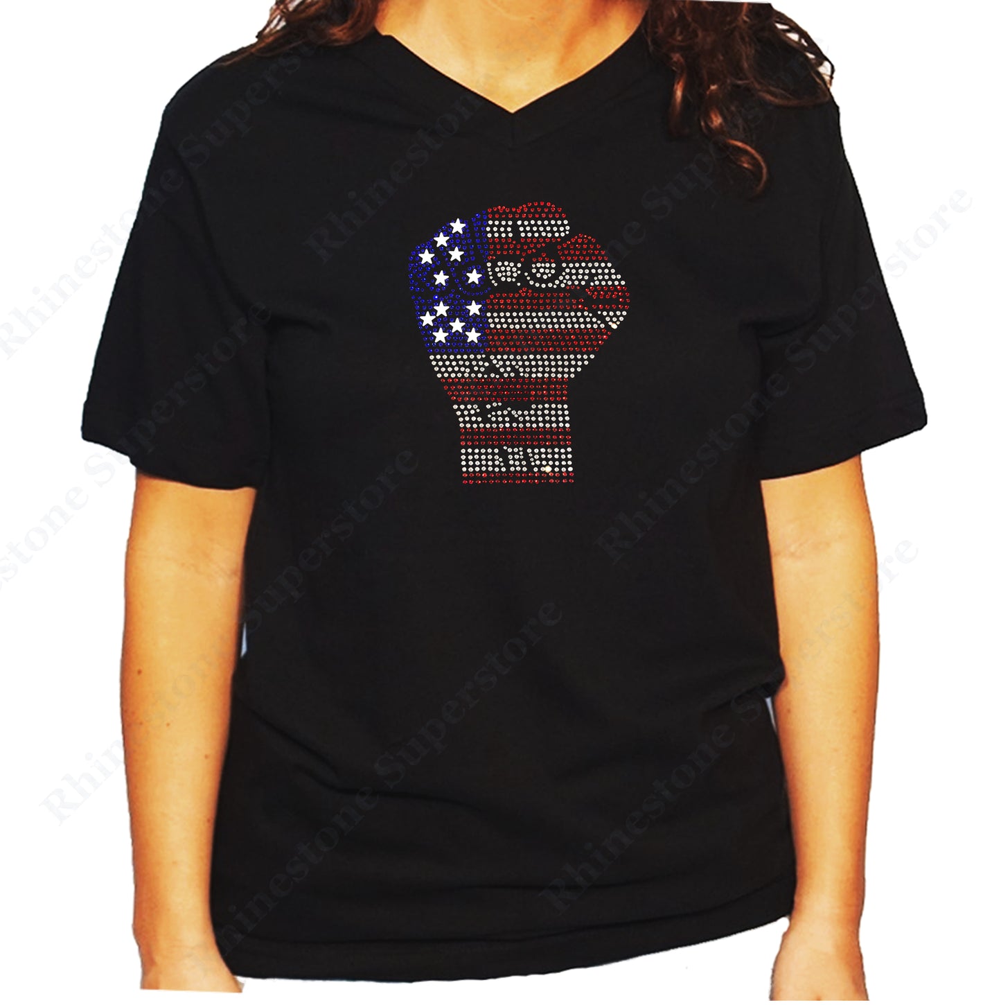 Women's / Unisex T-Shirt with 4th of July Fist in Rhinestones