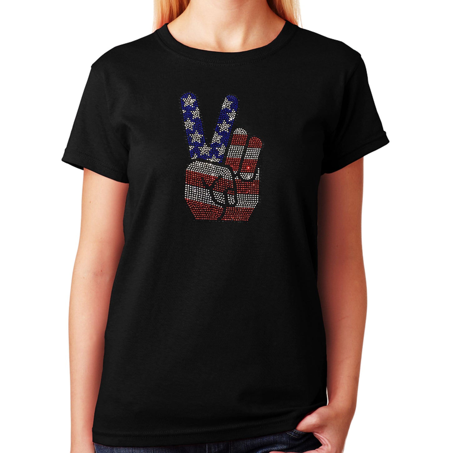 Women's / Unisex T-Shirt with 4th of July Hand Peace Sign in Rhinestones