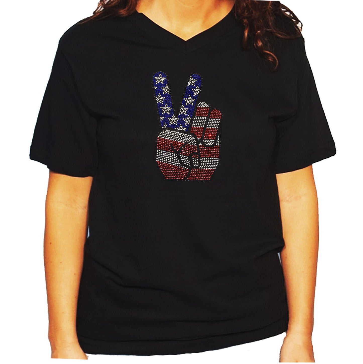 Women's / Unisex T-Shirt with 4th of July Hand Peace Sign in Rhinestones