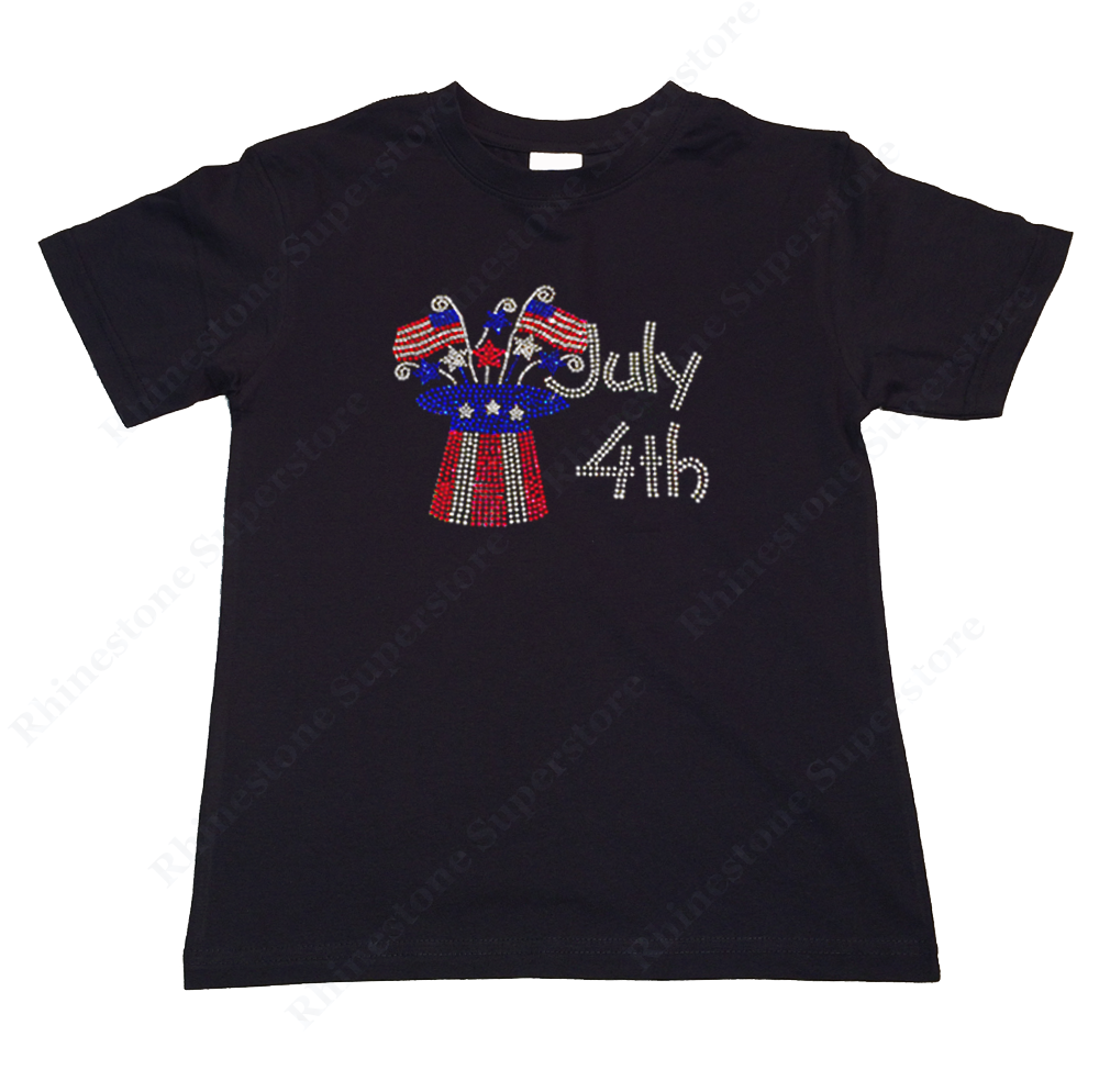 Girls Rhinestone T-Shirt " 4th of July Top Hat " Kids Size 3 to 14 Available