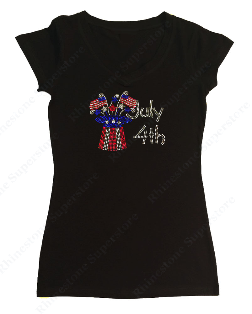 Womens T-shirt with 4th of July Top Hat in Rhinestones