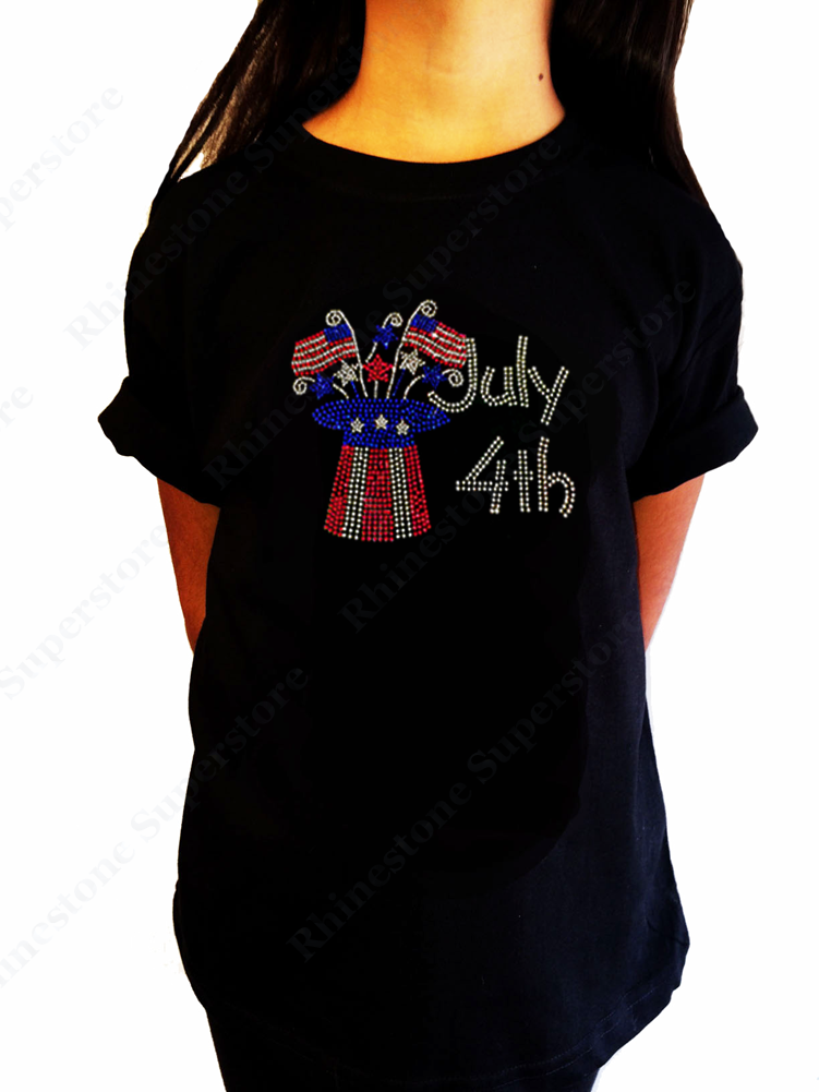 Girls Rhinestone T-Shirt " 4th of July Top Hat " Kids Size 3 to 14 Available