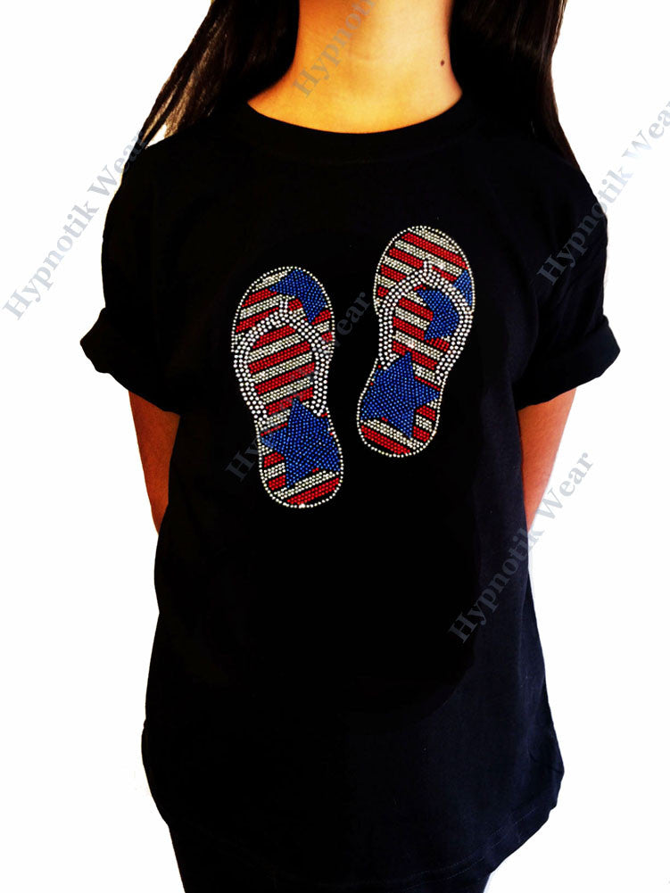 Girls Rhinestone T-Shirt " Patriotic Sandals " Vacation, 4th of July, Kids Size 3 to 14