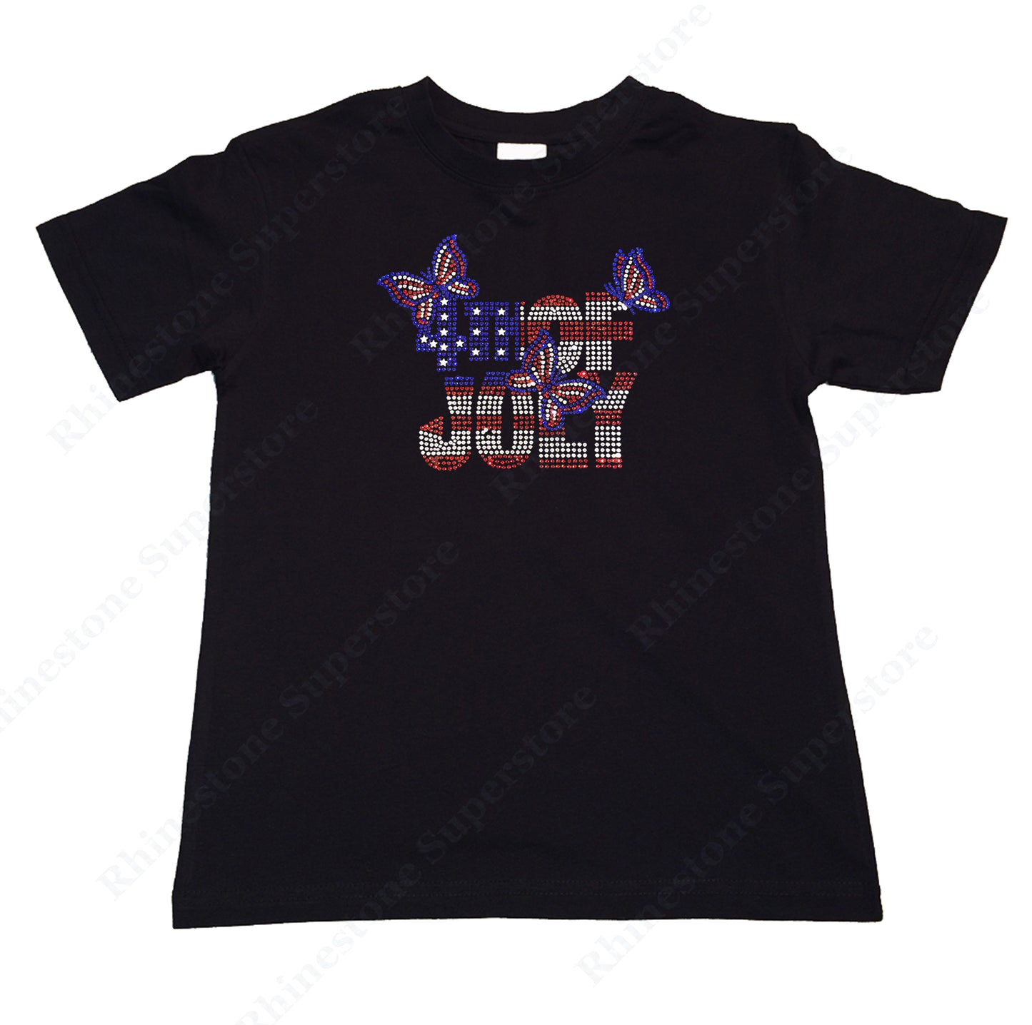 Girls Rhinestone T-Shirt " 4th of July with Butterflies in Rhinestones " Kids Size 3 to 14 Available