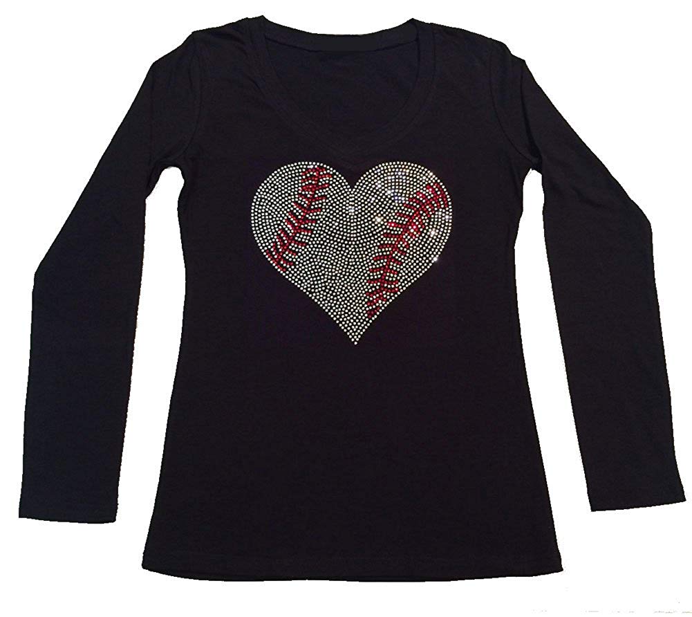 Womens T-shirt with Crystal Baseball Heart in Rhinestones