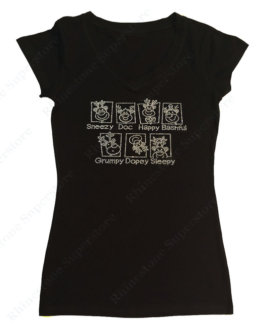Womens T-shirt with 7 Reindeer in Rhinestones
