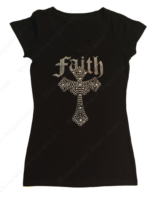 Womens T-shirt with AB Faith Cross in Rhinestones