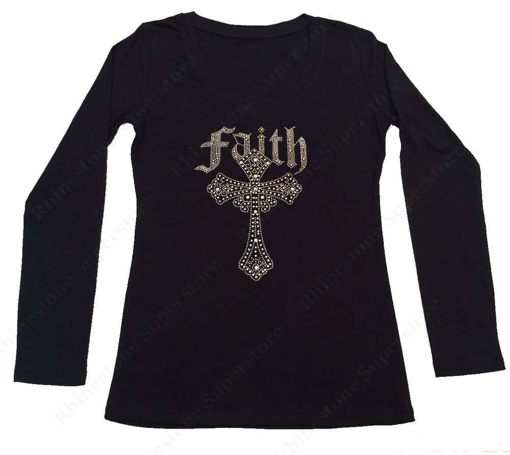 Womens T-shirt with AB Faith Cross in Rhinestones