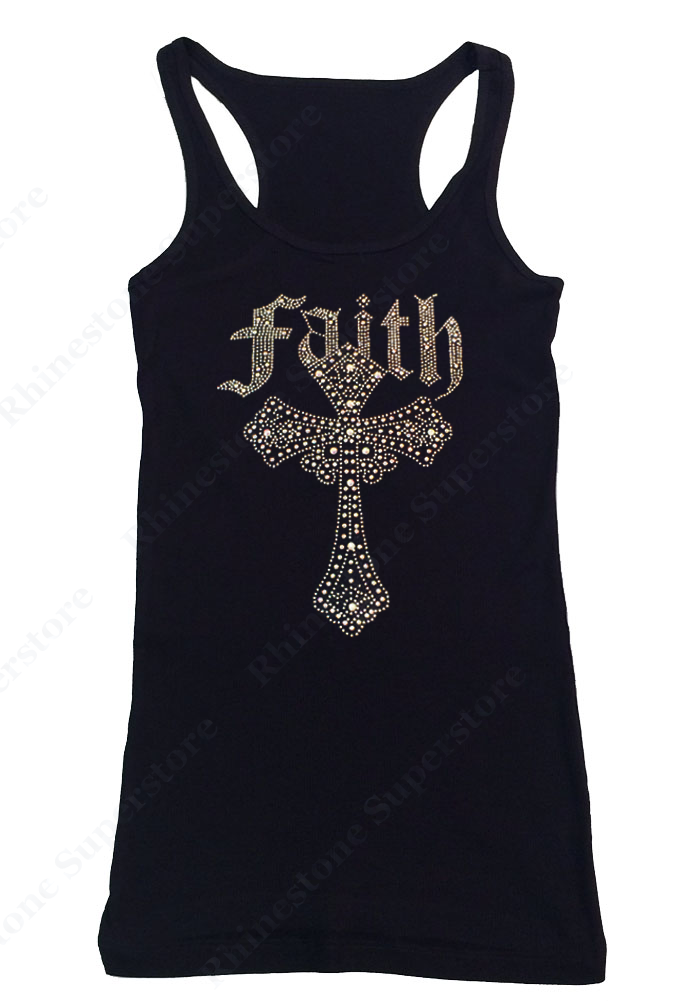 Womens T-shirt with AB Faith Cross in Rhinestones