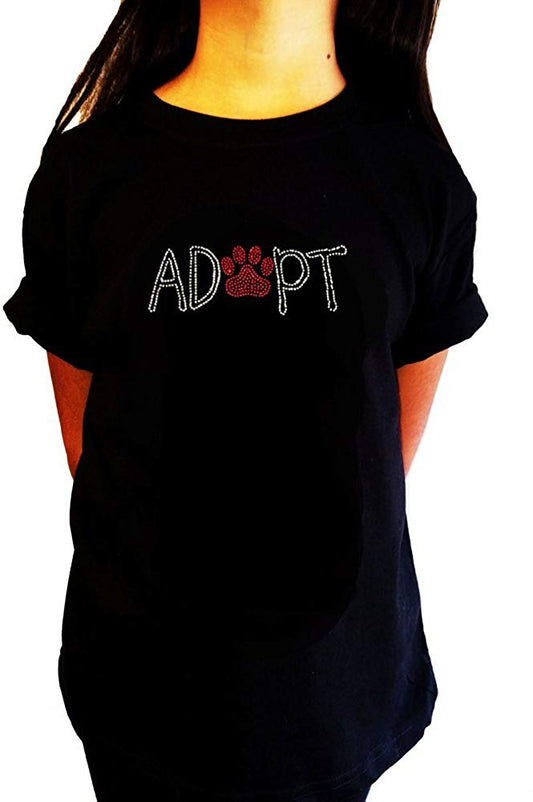 Girls Rhinestone T-Shirt " Adopt with Paw  in Rhinestones " Kids Size 3 to 14 Available