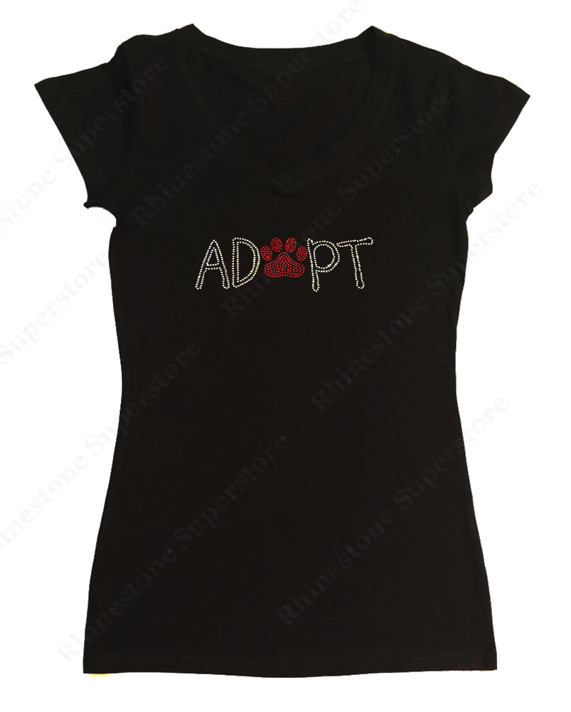 Womens T-shirt with Adopt with Red Paw in Rhinestones