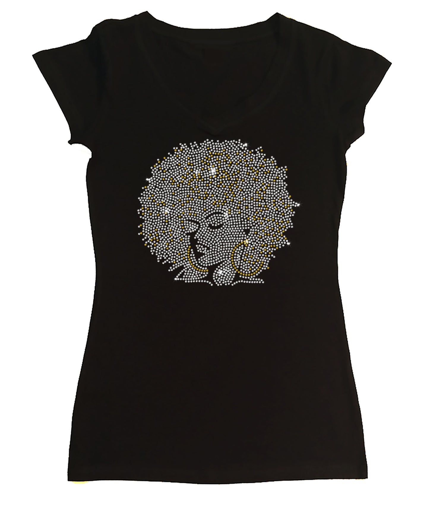 Womens T-shirt with Afro Girl With Gold Hoops in Rhinestones