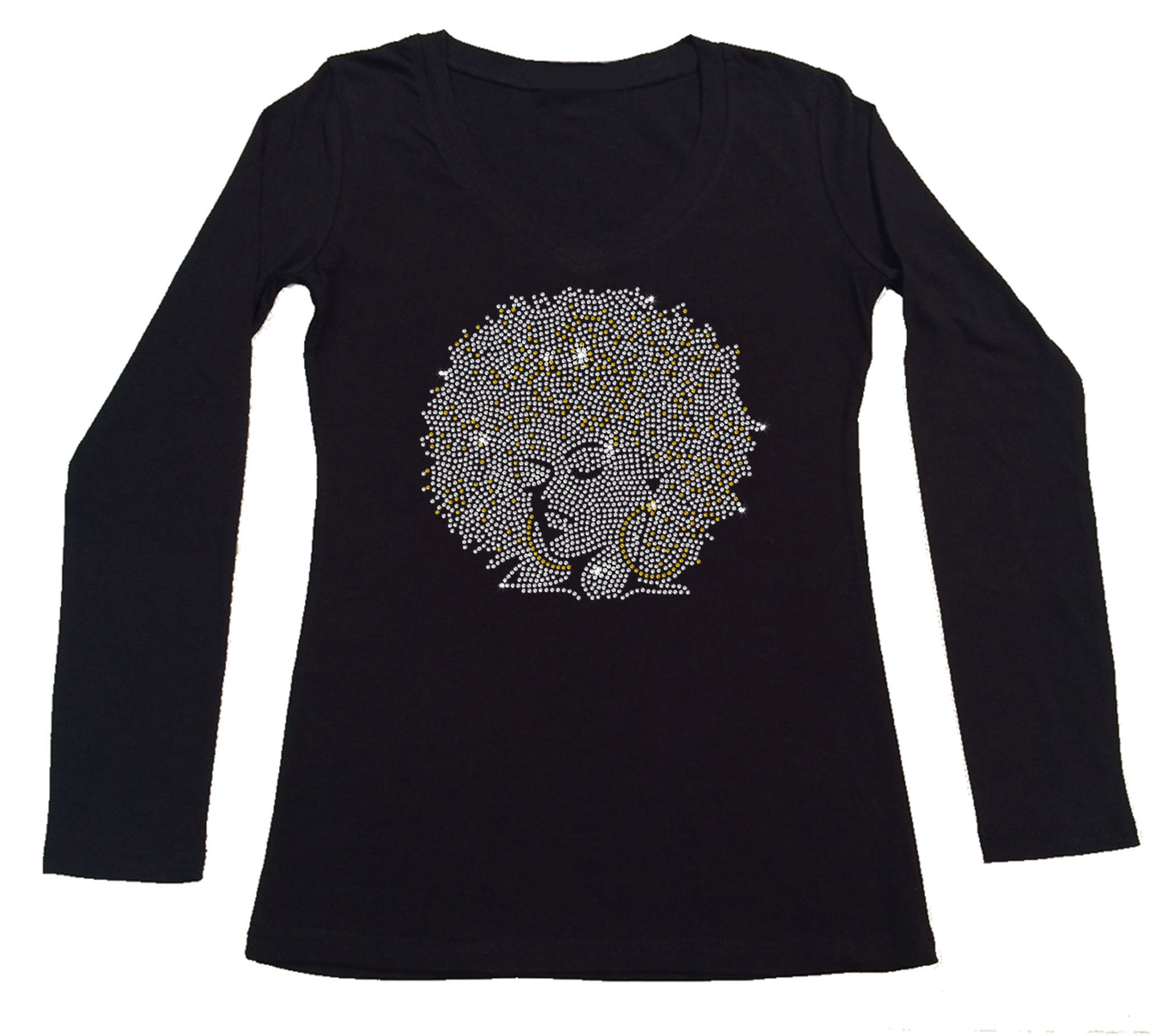 Womens T-shirt with Afro Girl With Gold Hoops in Rhinestones