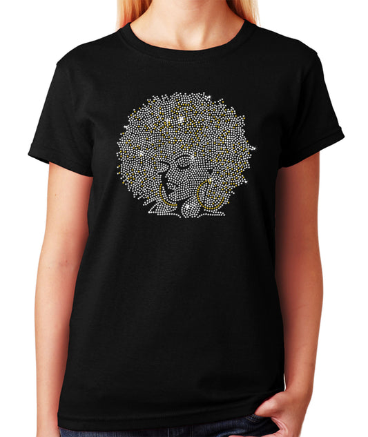 Women's / Unisex T-Shirt with Afro Girl With Gold Hoops in Rhinestones