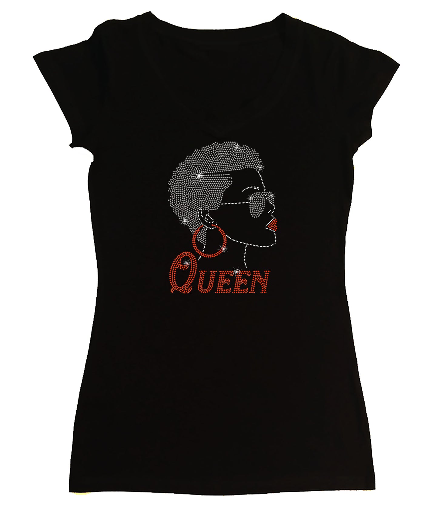 Women's Rhinestone Fitted Tight Snug Shirt Afro Girl with Short Hair and Glasses - Hoop Earrings, Queen