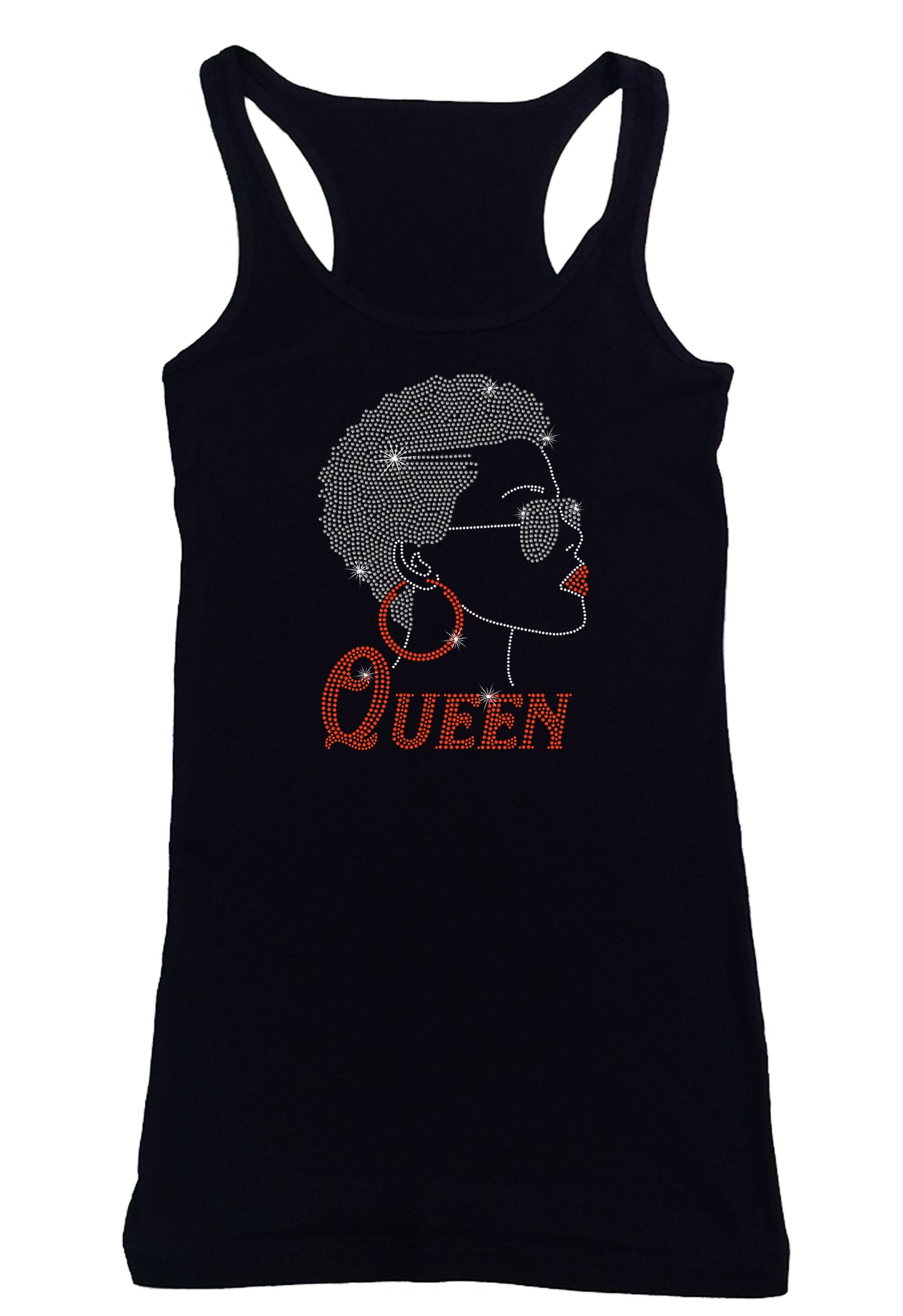 Women's Rhinestone Fitted Tight Snug Shirt Afro Girl with Short Hair and Glasses - Hoop Earrings, Queen