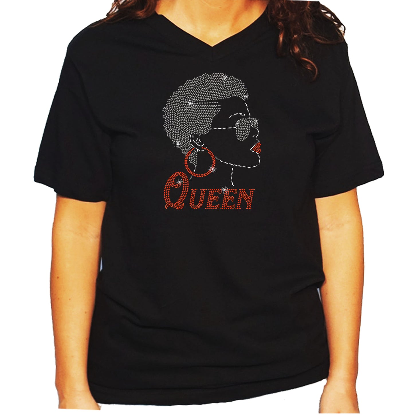 Women's/Unisex T-Shirt with Afro Girl with Short Hair and Glasses in Rhinestones - Hoop Earrings, Queen