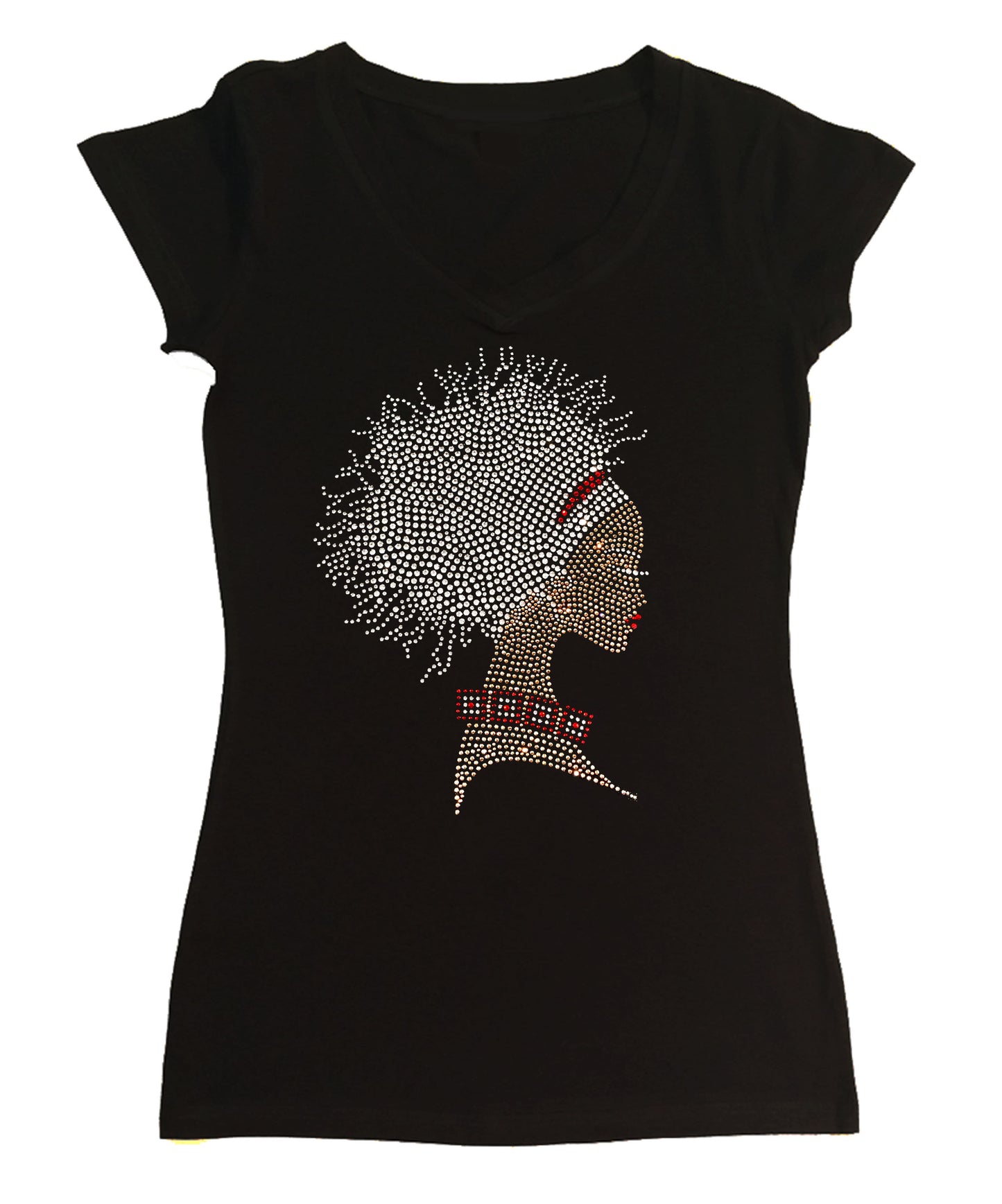 Womens T-shirt with Afro Dreds Locks Girl in Rhinestones