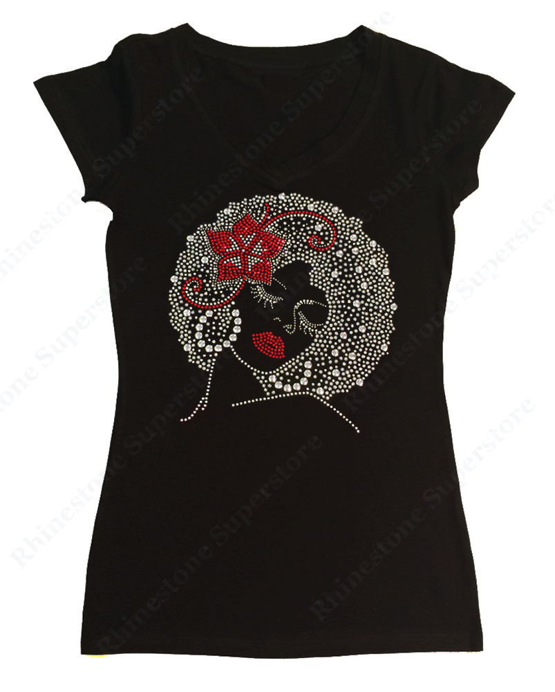 Womens T-shirt with Afro Girl with Flower in Hair in Rhinestones