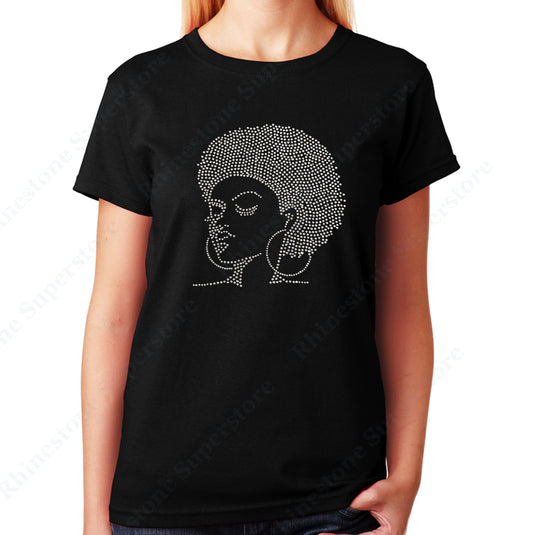 Women's / Unisex T-Shirt with Afro Girl with Hoop Earrings in Rhinestones