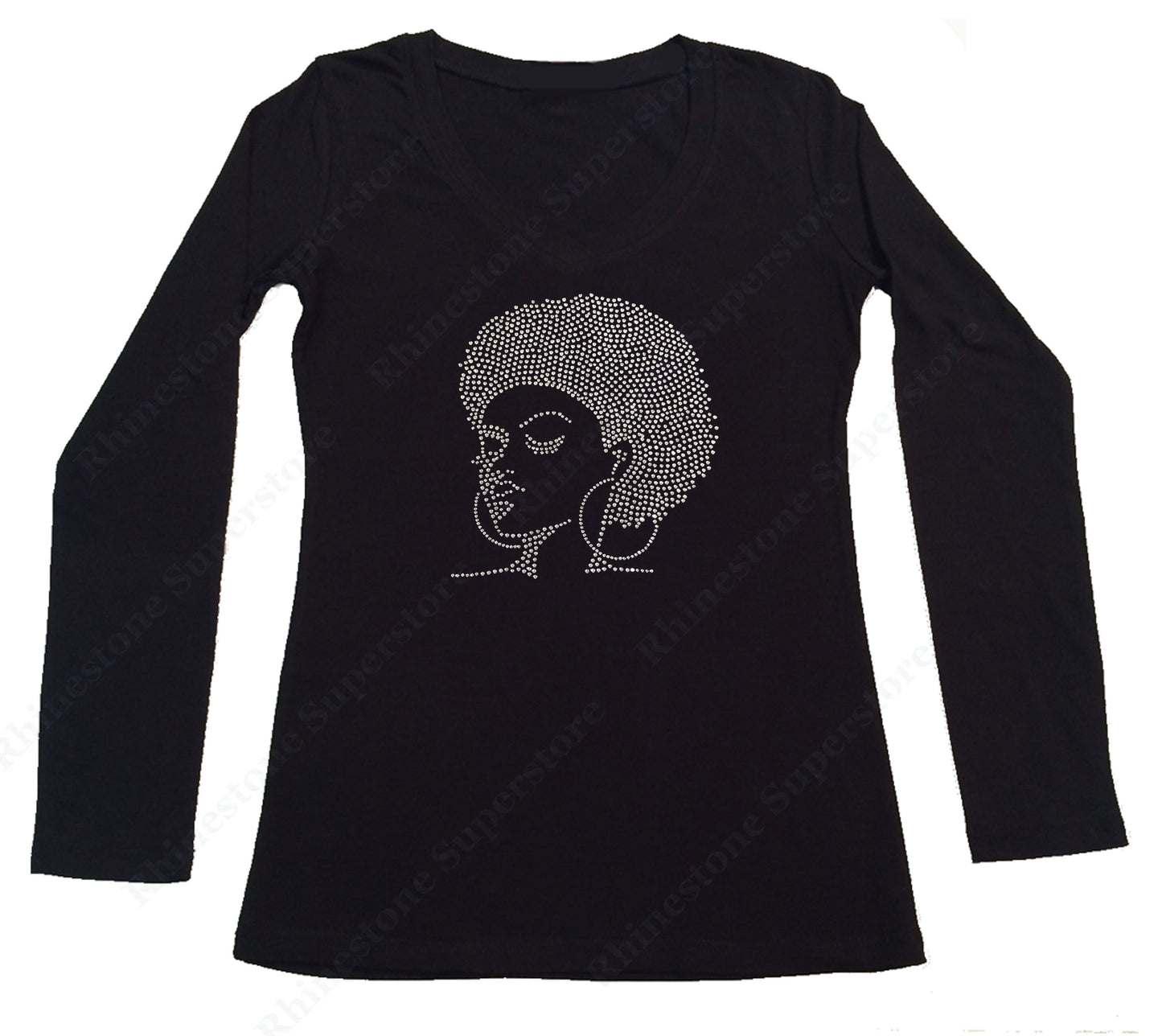 Womens T-shirt with Afro Girl with Hoop Earrings in Rhinestones