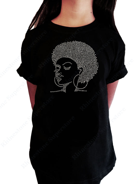 Girls Rhinestone T-Shirt " Afro Girl with Hoop Earrings " Kids Size 3 to 14 Available