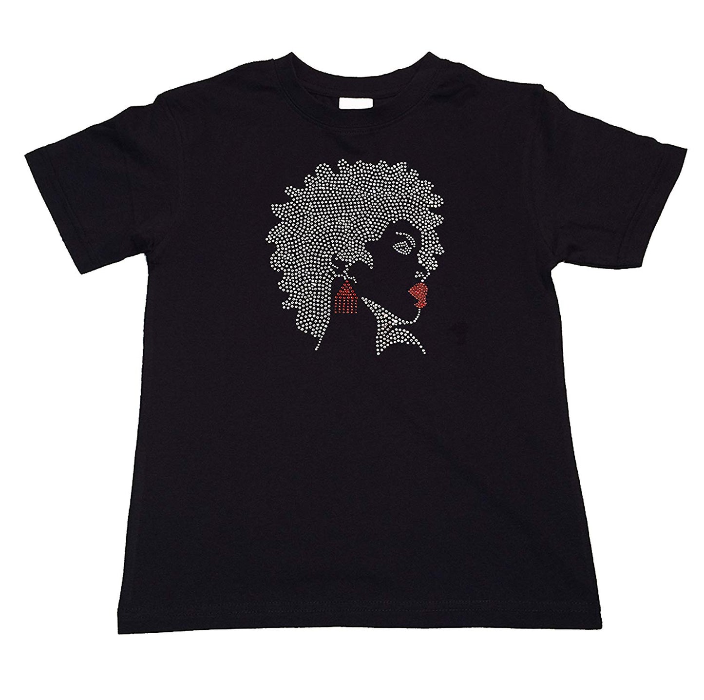 Girls Rhinestone T-Shirt " Afro Girl with Red Earrings and Lipstick in Rhinestones " Kids Size 3 to 14 Available