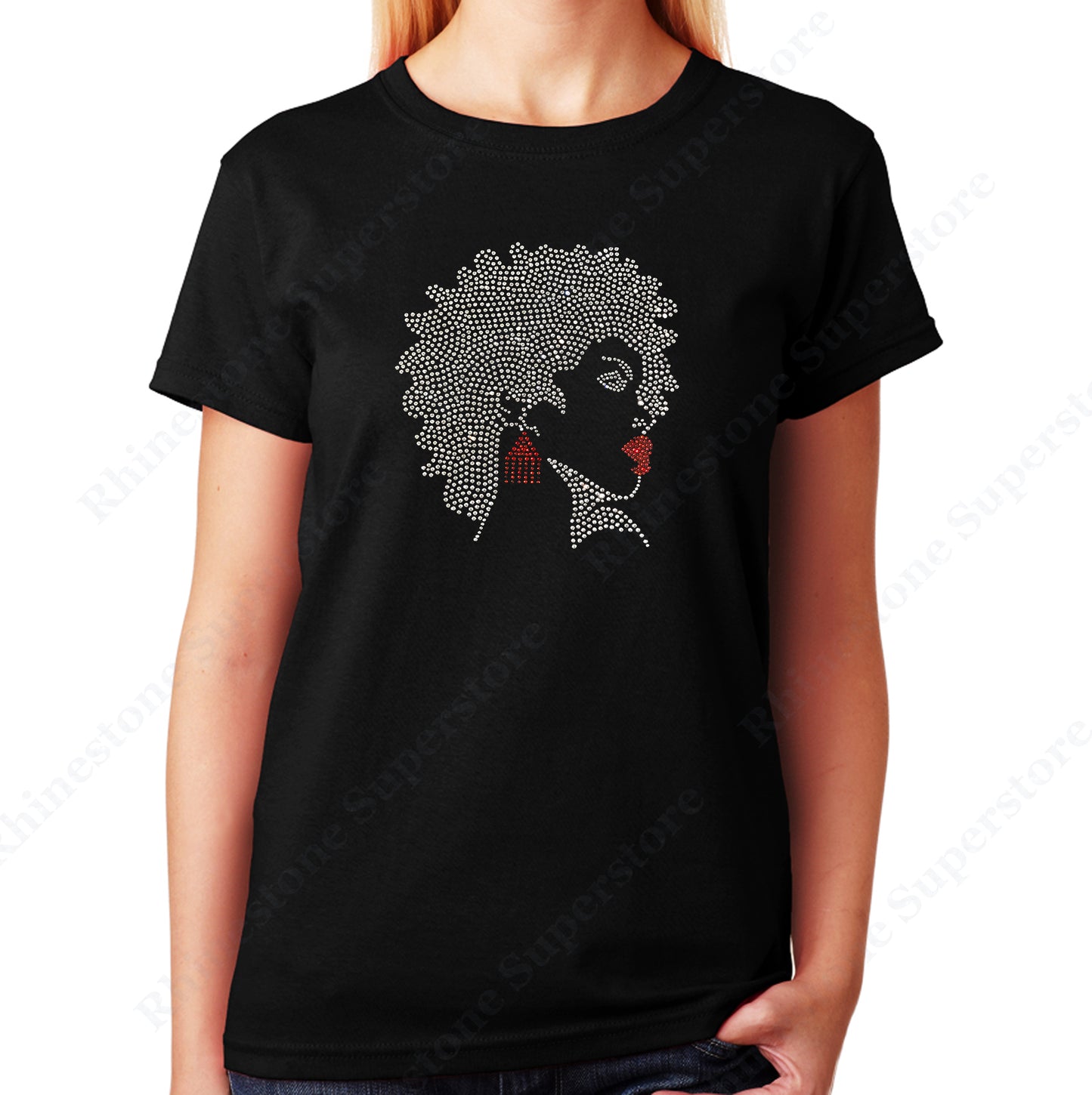 Afro Girl with Red Earrings and Lipstick in rhinestones unisex