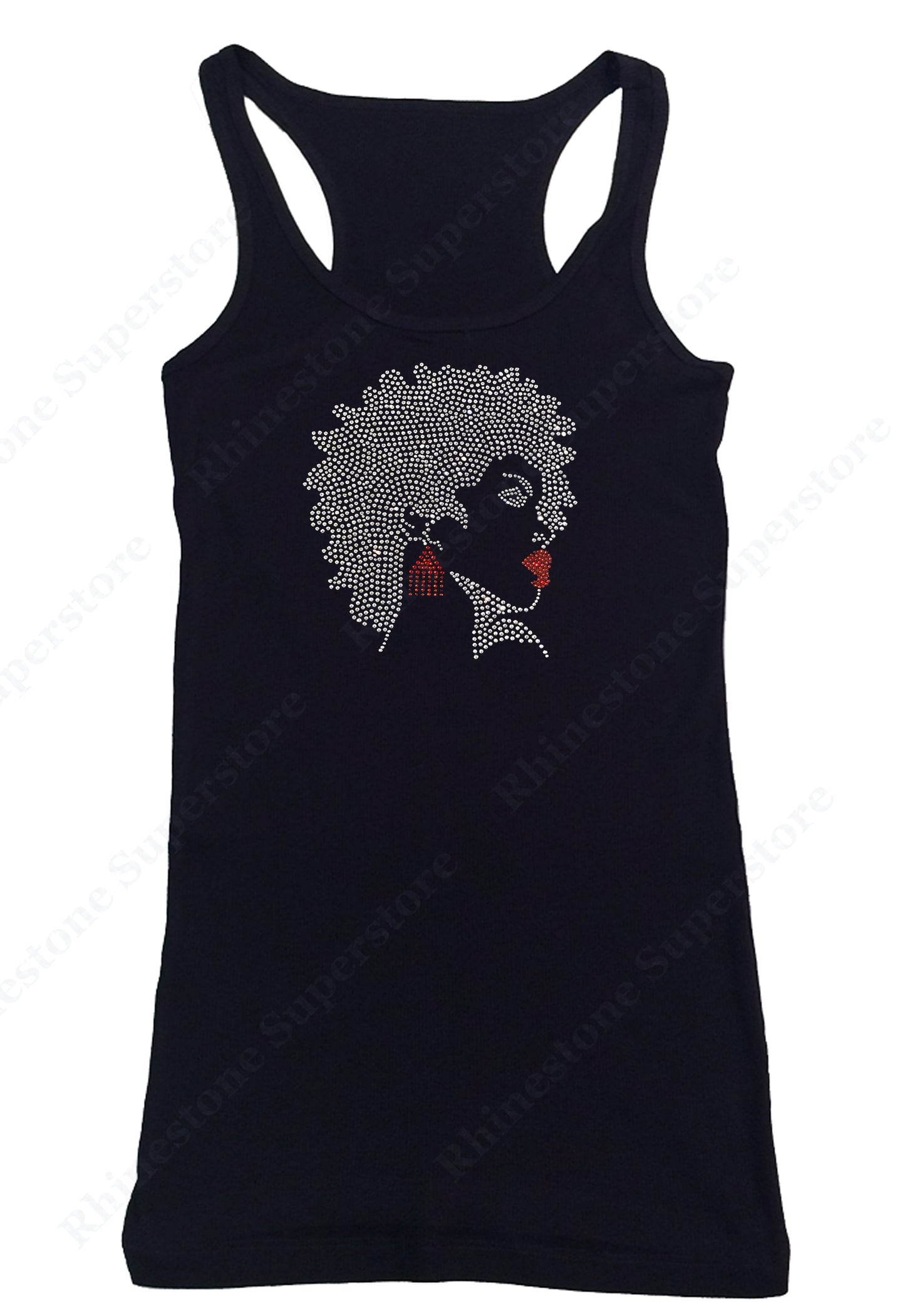 Womens T-shirt with Afro Girl with Red Earrings and Lipstick in Rhinestones